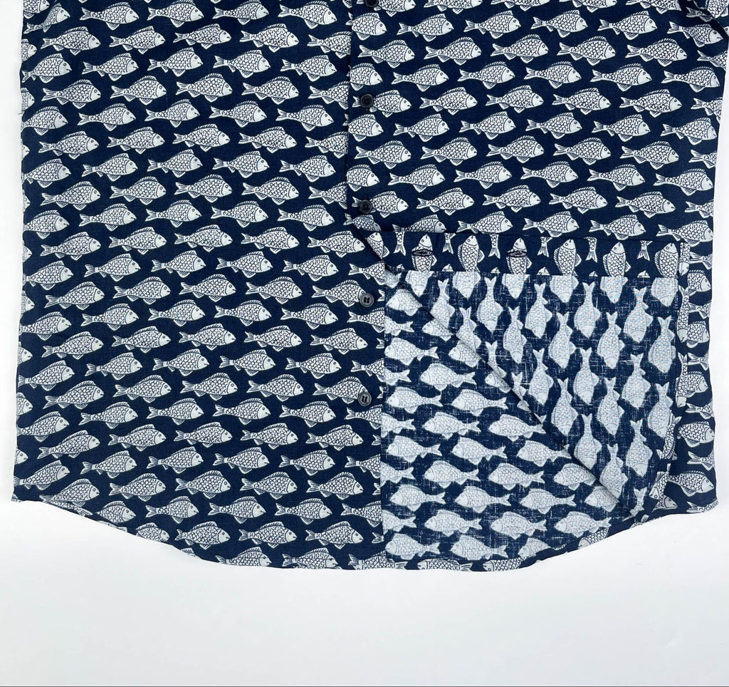 Darkwave Shoal linen short sleeve button-up shirt lay flat inside seam view, white fish shoal print on navy