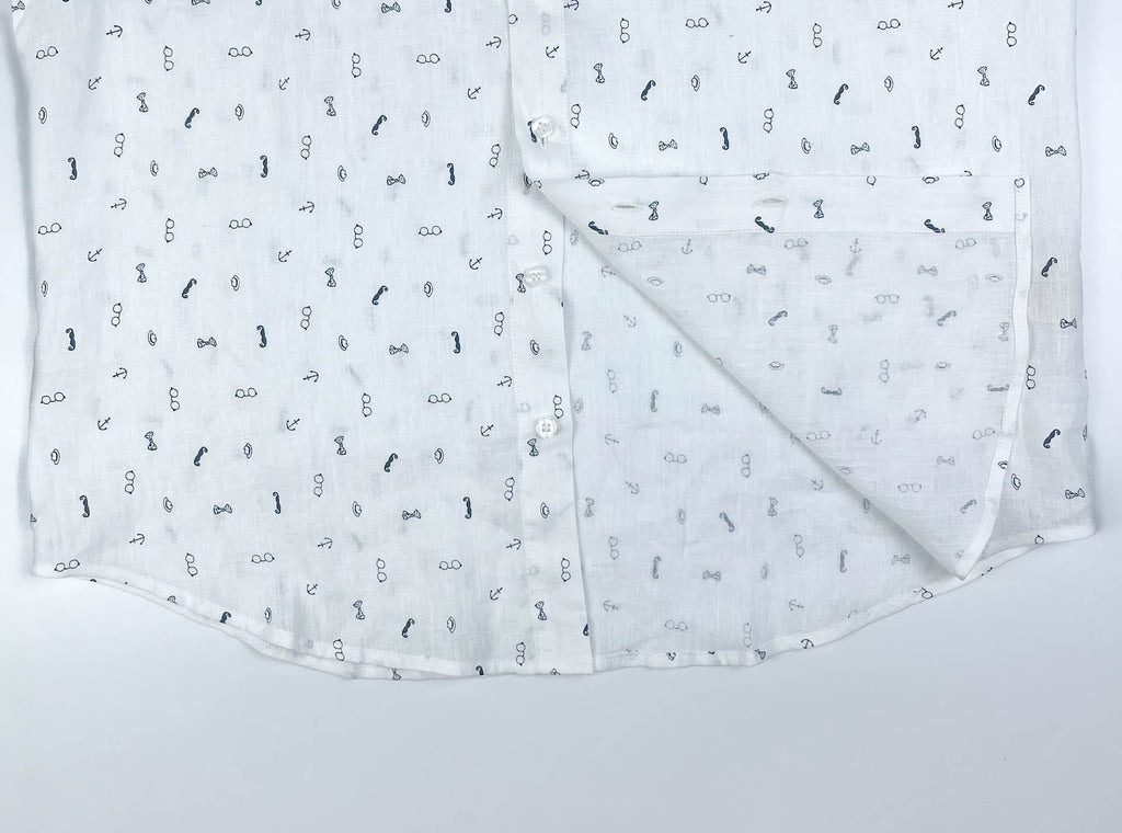 Gentlemen Club linen button-up shirt lay flat inside seam view, minimalist print