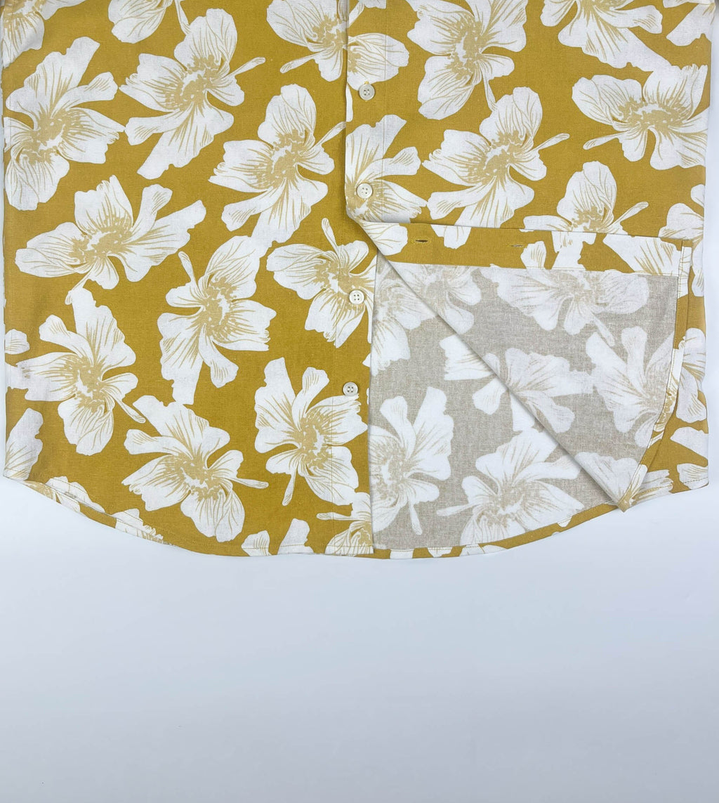 Golden Hibiscus - Linen-Cotton Short Sleeve Button-Up Shirt