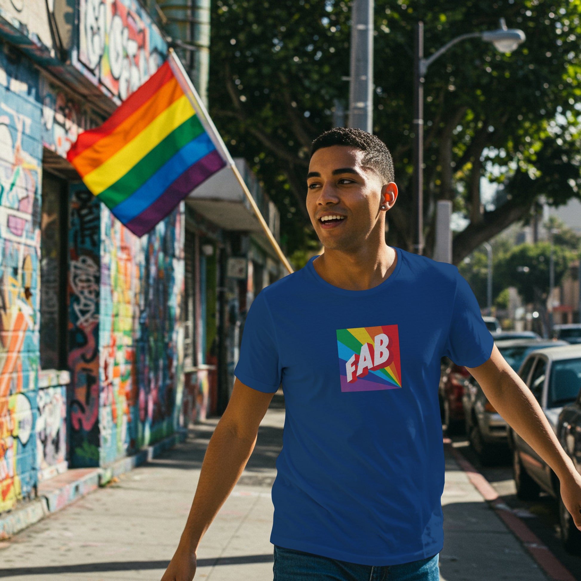 Man walking down a street wearing a blue t-shirt with a rainbow 'FAB' logo and rainbow flag in the background