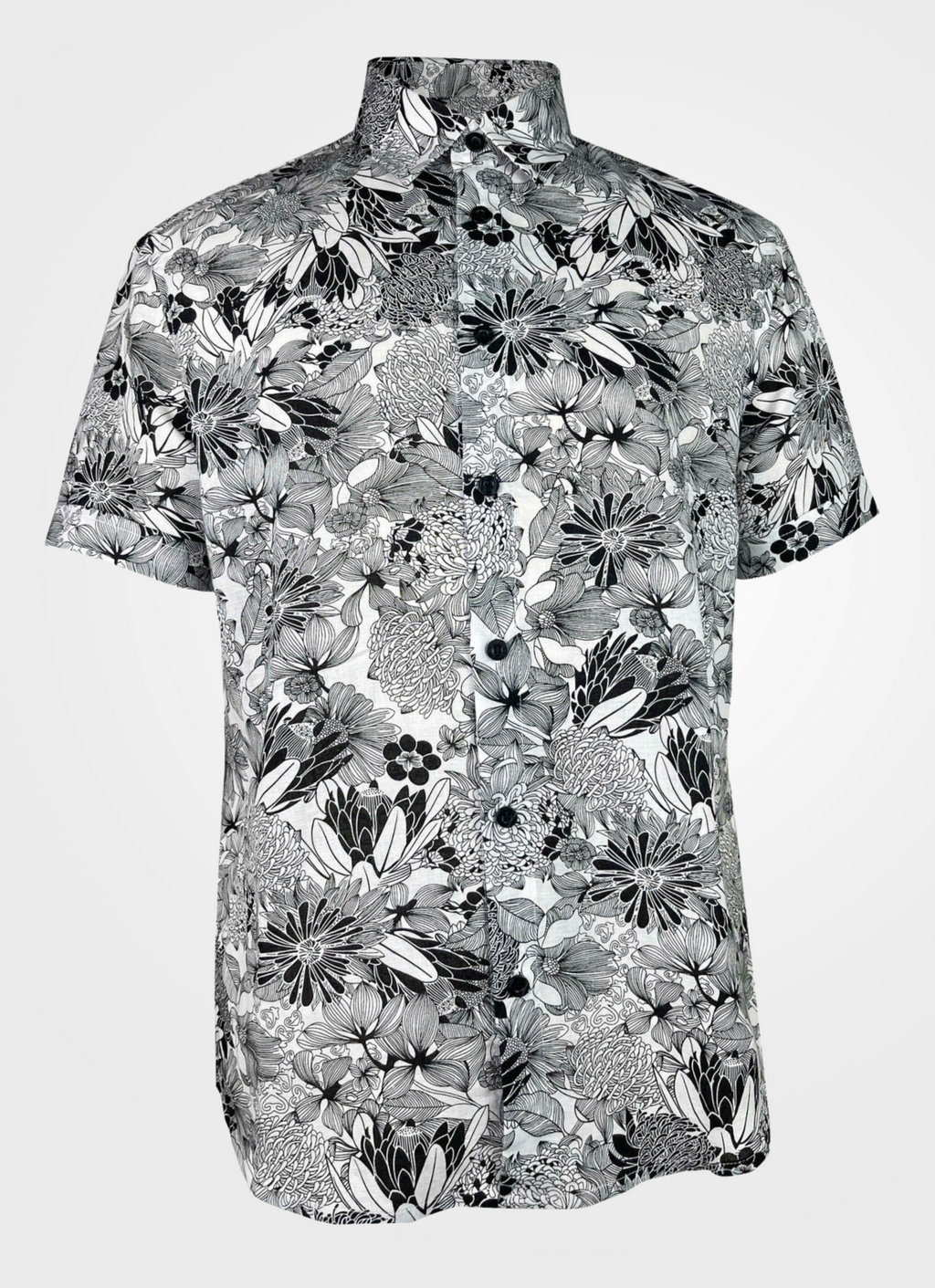 Floral Etching - Linen-Cotton Short Sleeve Button-Up Shirt