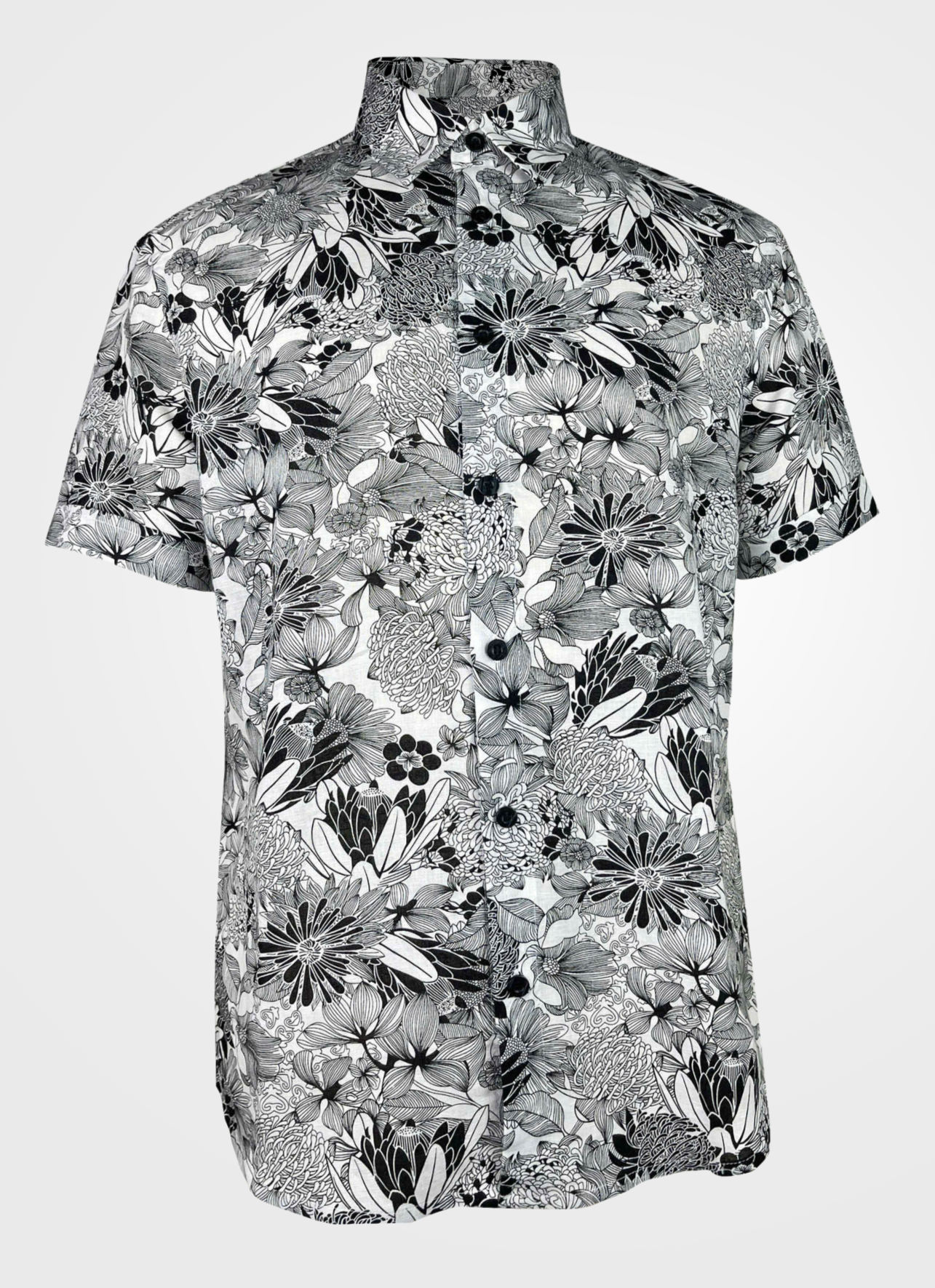 Floral Etching - Linen-Cotton Short Sleeve Button-Up Shirt