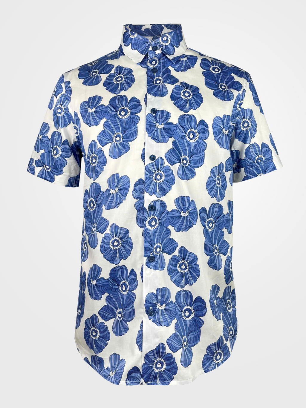 Indigo Poppies - 100% Cotton Short Sleeve Button-Up Shirt