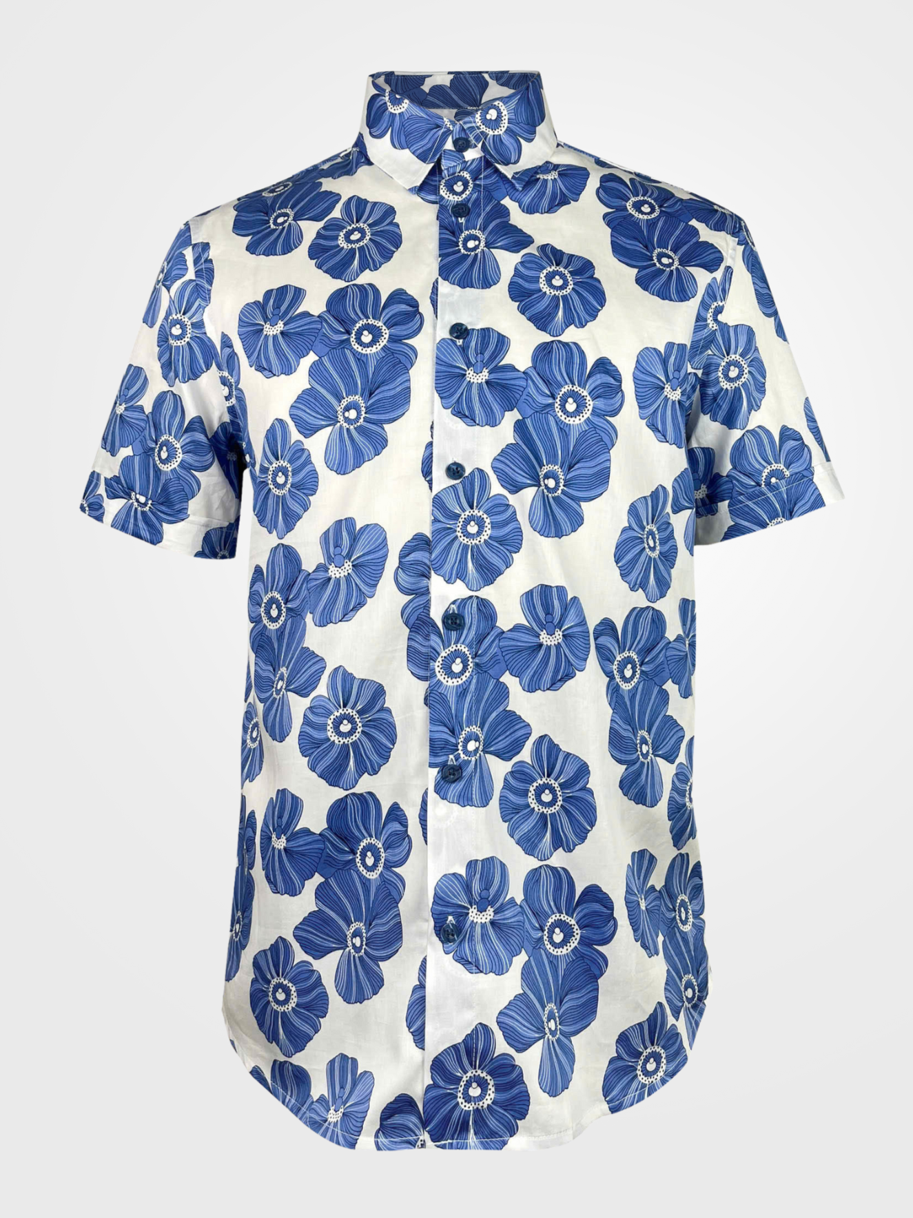 Indigo Poppies - 100% Cotton Short Sleeve Button-Up Shirt