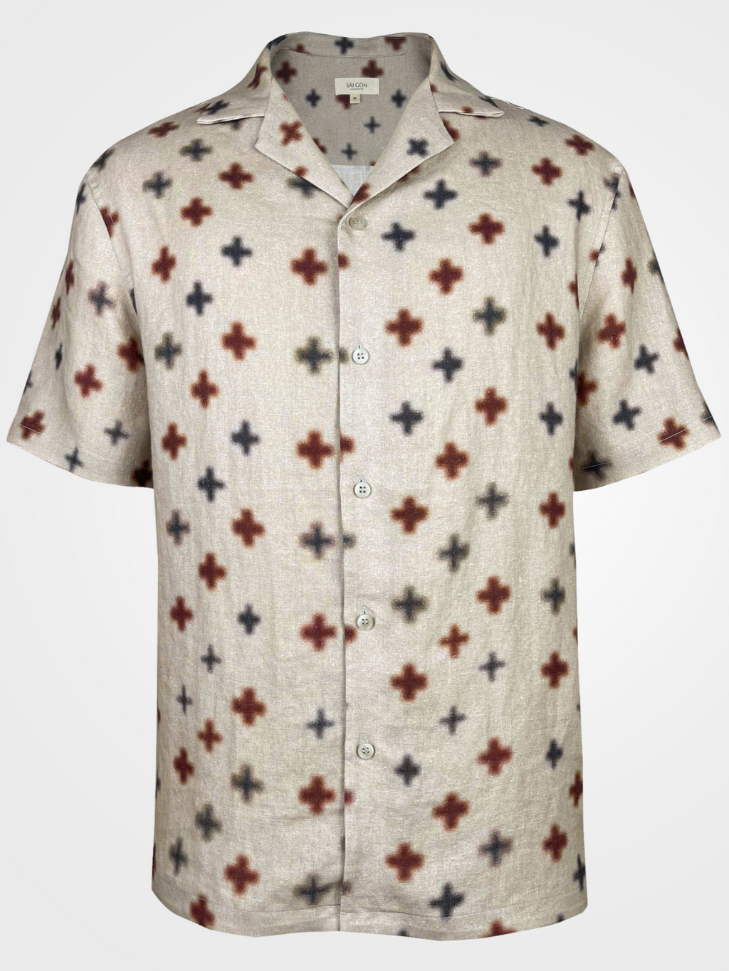 Beige Hawaiian style shirt with black and rust coloured cross pattern print