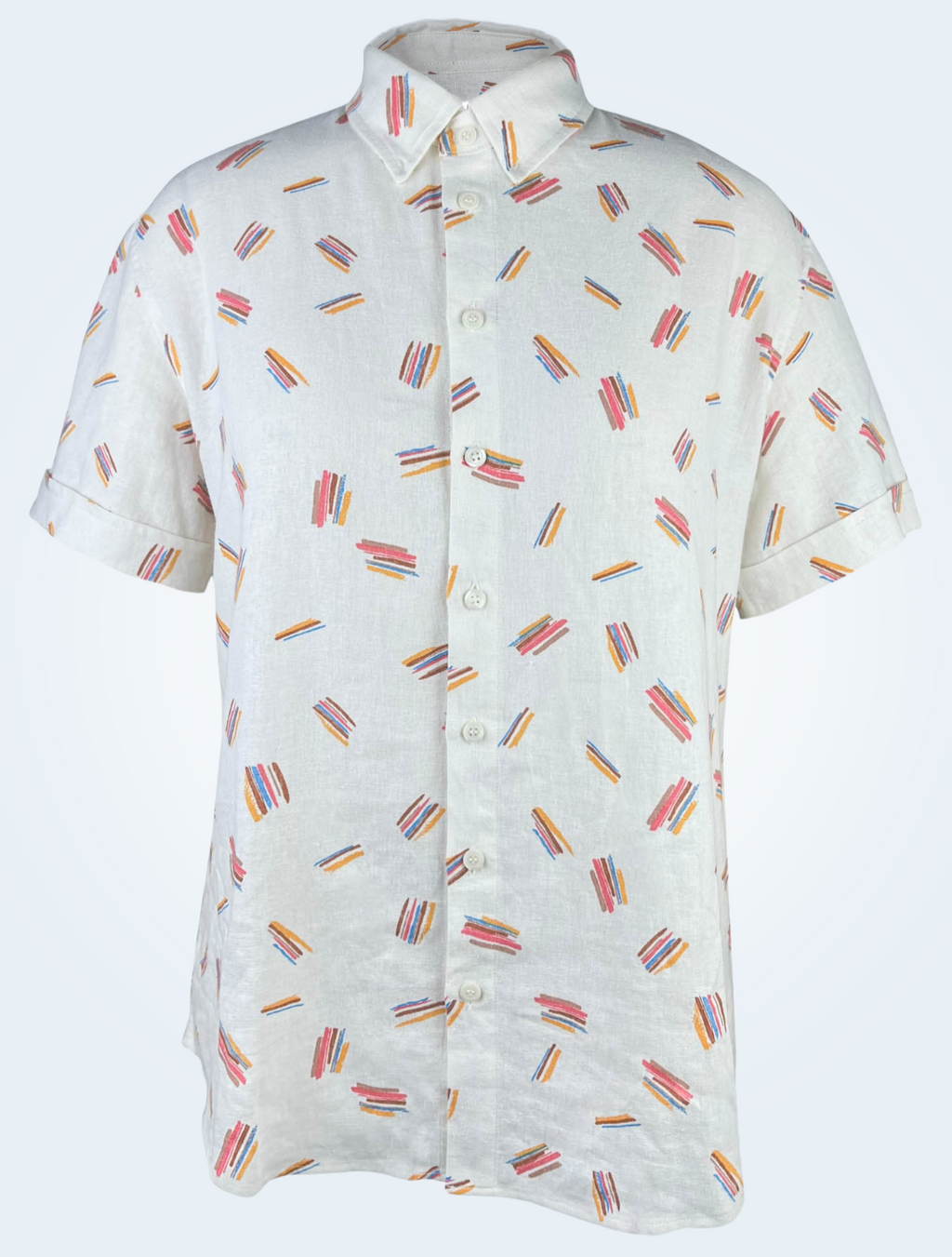 Crayon Strokes on natural white linen fabric, short sleeve button-up shirt 3D full front view