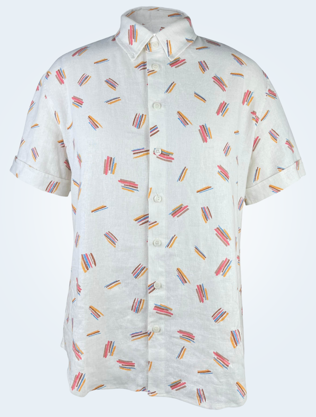 Crayon Strokes on natural white linen fabric, short sleeve button-up shirt 3D full front view