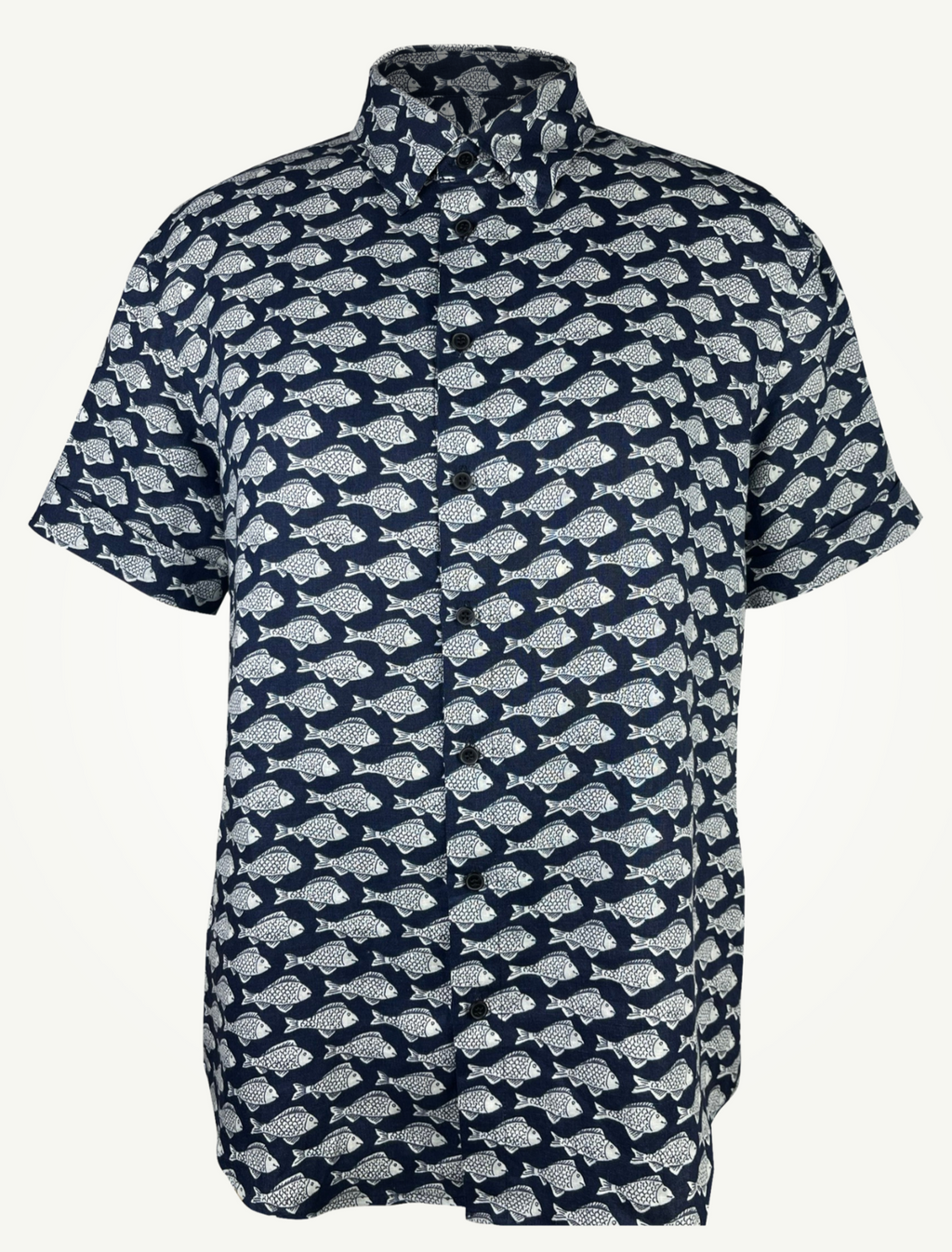 Darkwave Shoal linen short sleeve button-up shirt 3D front view, white fish shoal print on navy