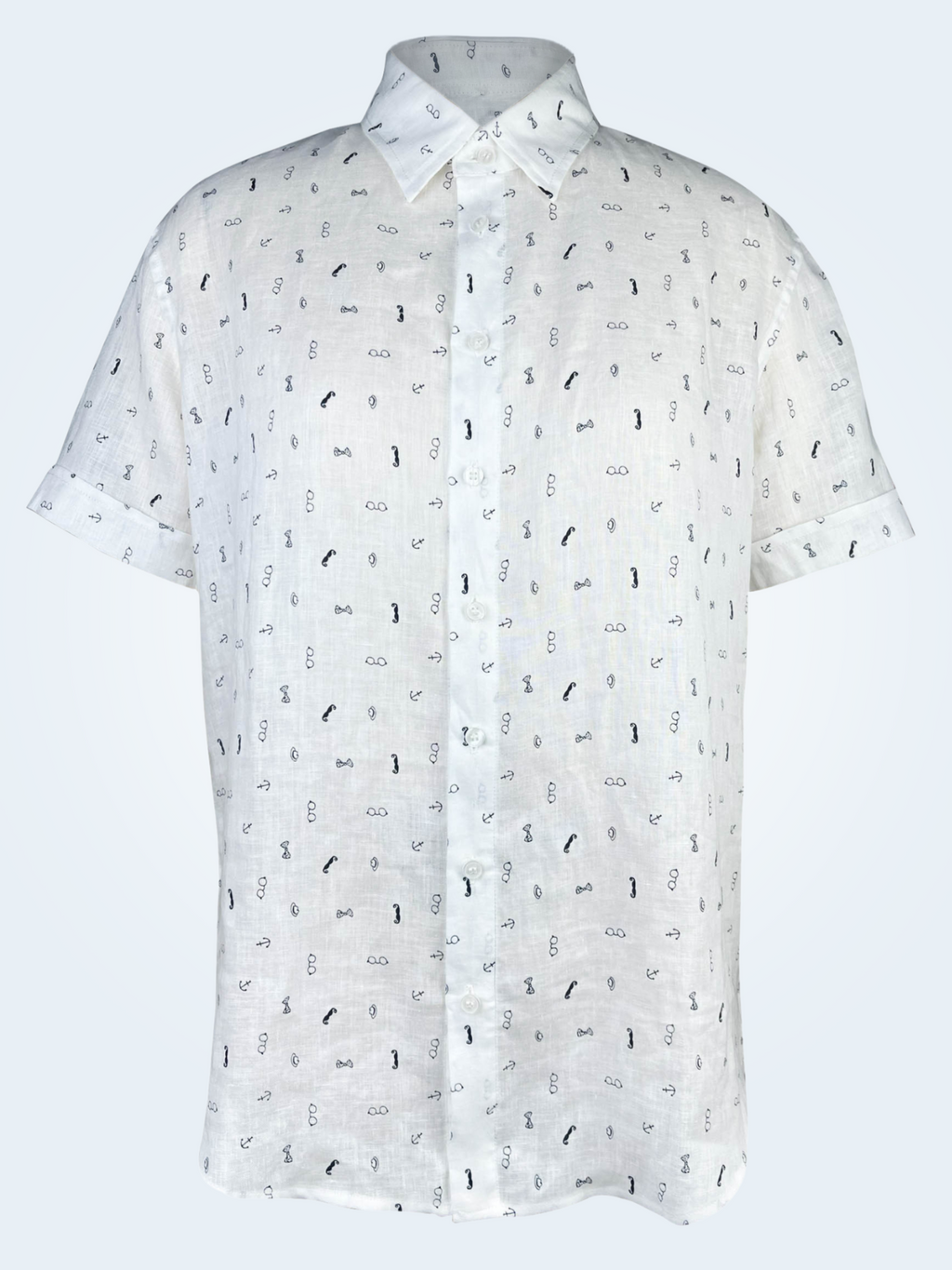 Gentlemen Club linen short sleeve button-up shirt lay flat front, minimalist print