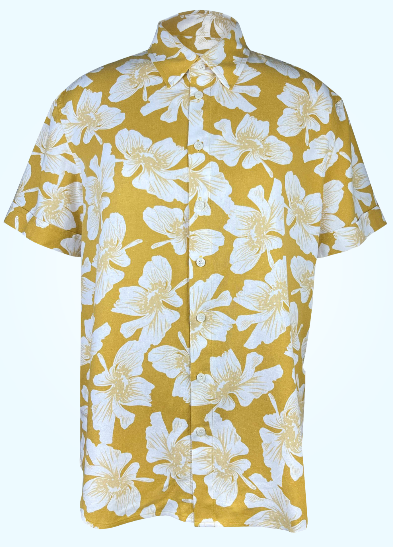 Golden Hibiscus - Linen-Cotton Short Sleeve Button-Up Shirt