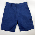 Saigon Concepts Mid Blue Riviera Linen Shorts - flat front view with button closure