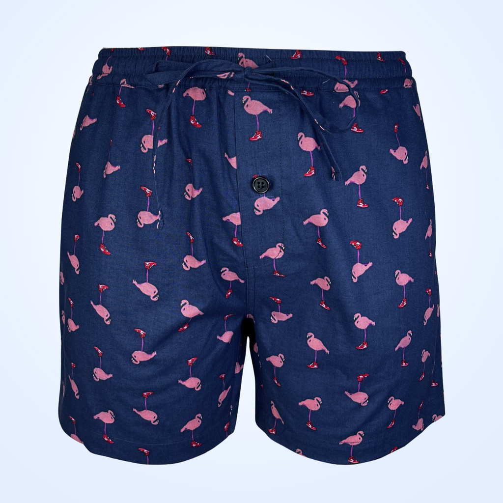 Saigon Concepts Pink flamingo print lounge shorts on navy cotton with drawstring waist - Front view