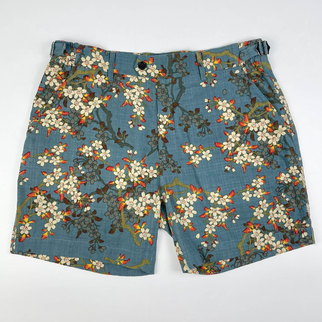 Teal Blue Blossom - Linen-Cotton Cabana Shorts