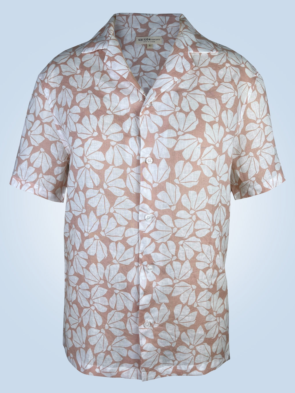 Full front view of white floral print on pink linen fabric, breathable natural fibre Hawaii shirt 