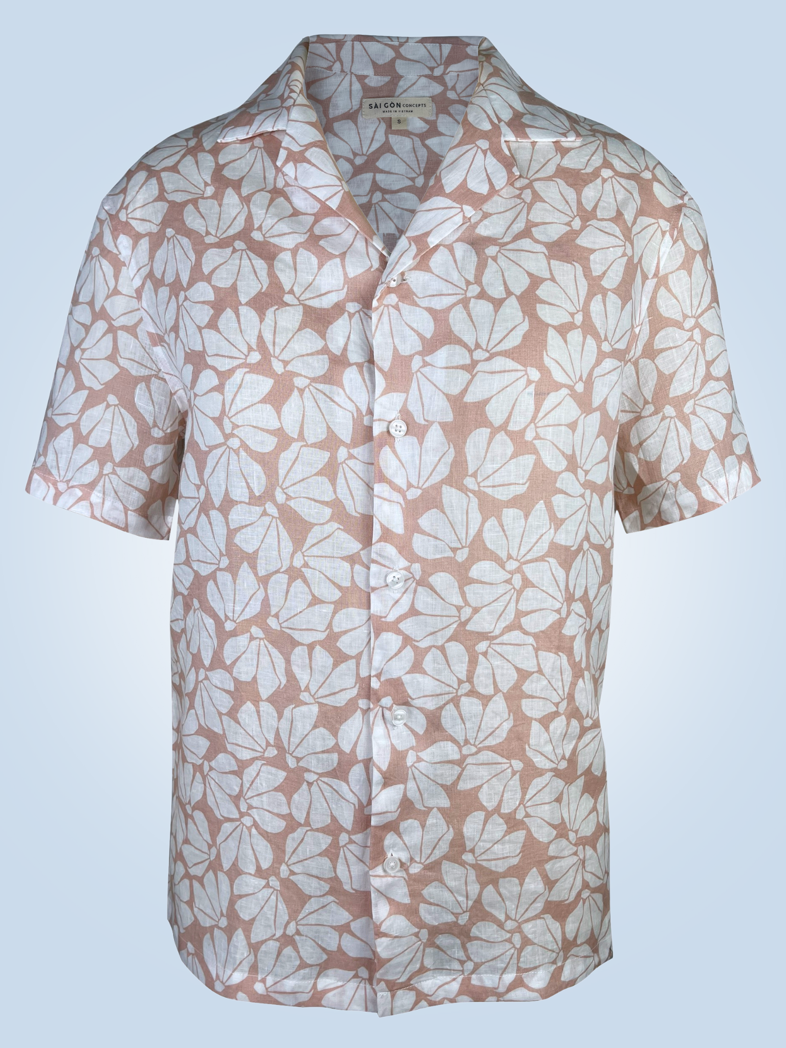 Full front view of white floral print on pink linen fabric, breathable natural fibre Hawaii shirt 