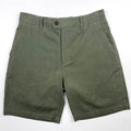 Front detail of Army Green linen Riviera Shorts, button closure – Saigon Concepts