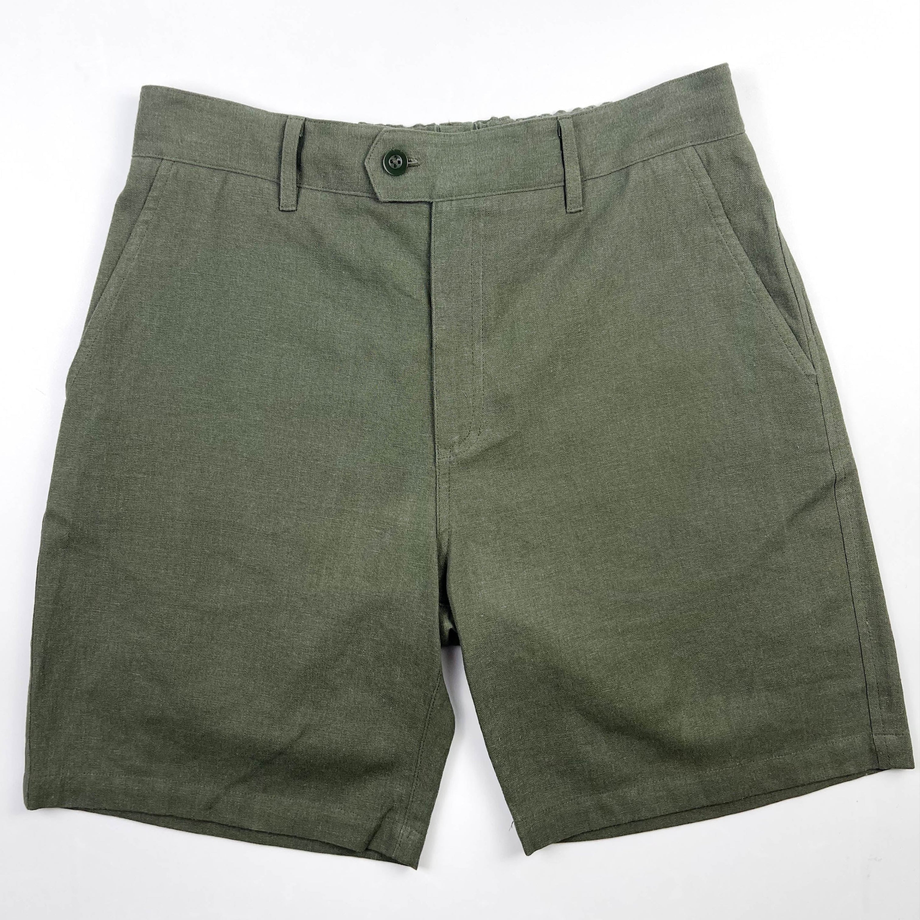 Front detail of Army Green linen Riviera Shorts, button closure – Saigon Concepts