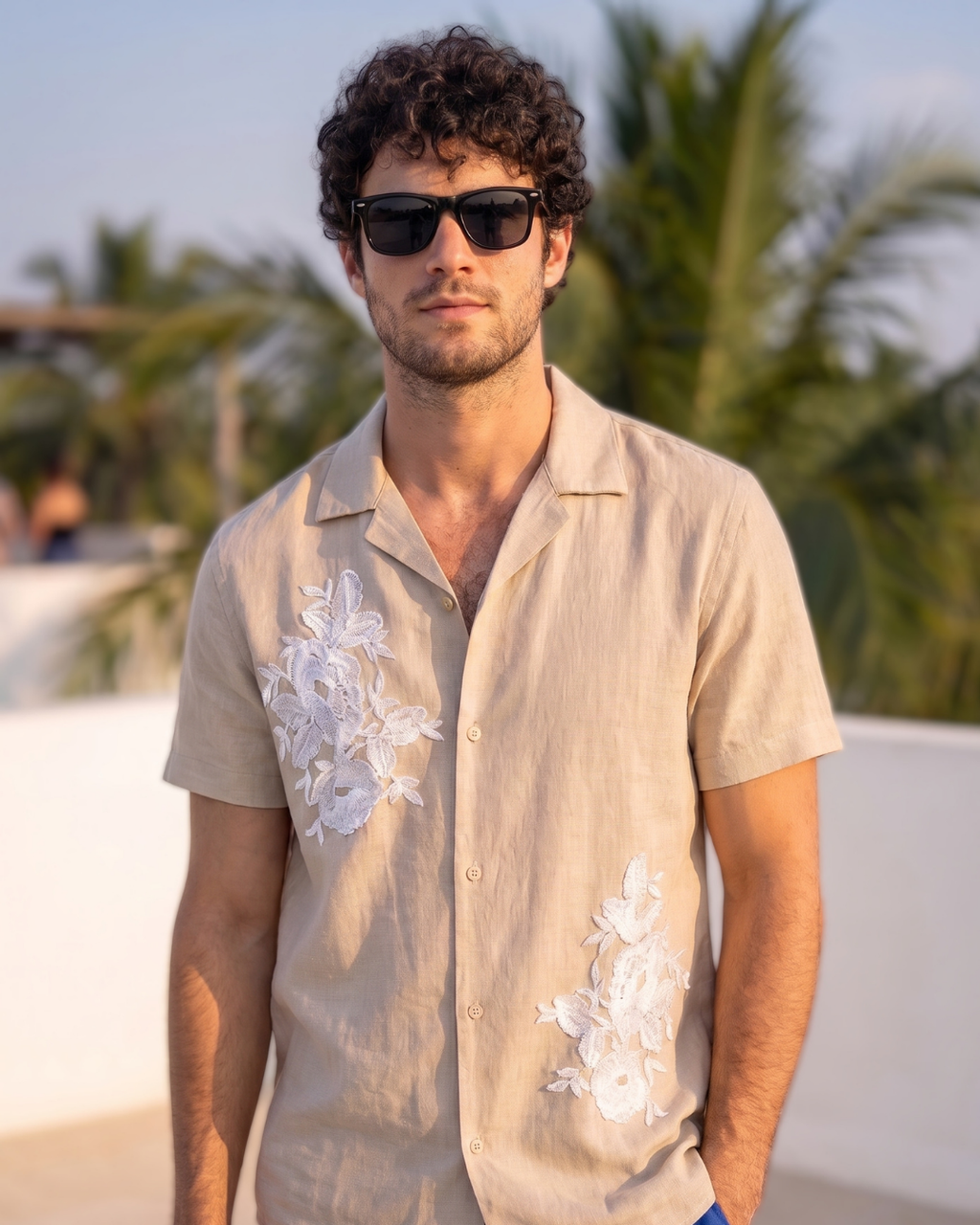 Taupe Lace - Linen Hawaiian Shirt with Lace Appliqué
