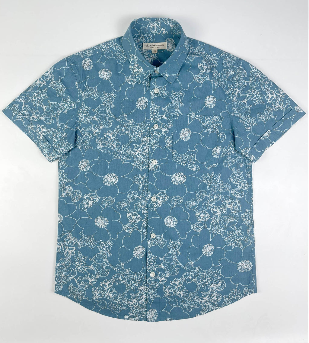 Lagoon Bloom - 100% Cotton Short Sleeve Button-Up Shirt