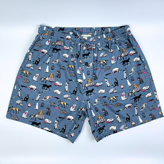Saigon Concepts Blue lounge shorts with pussy cat pattern on a light blue grey background