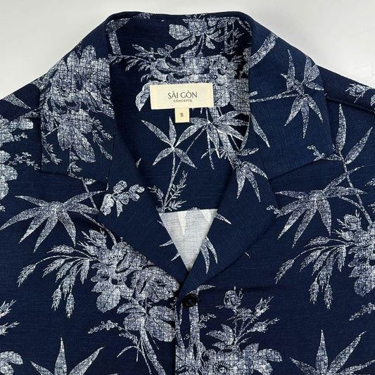 Navy linen Hawaiian shirt with white bamboo and blossom print