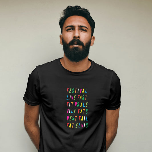 Man wearing a black t-shirt with rainbow coloured text against a plain background