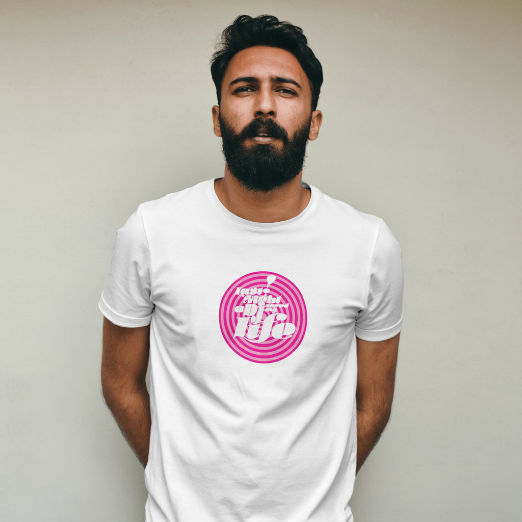 Man wearing a white t-shirt with DJ Saved My Life Print against a plain background