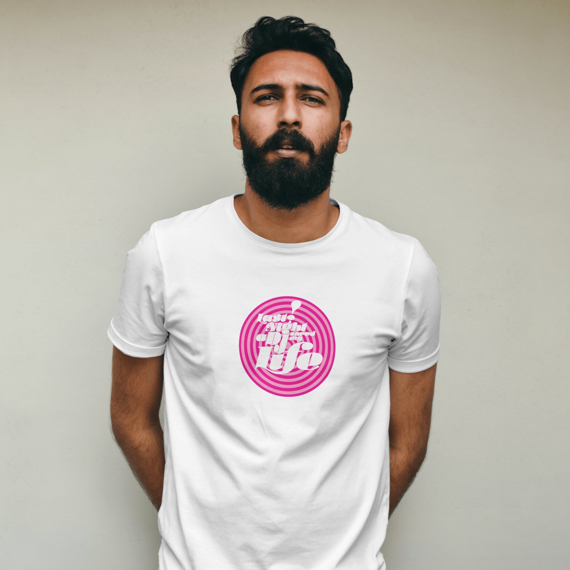 Man wearing a white t-shirt with DJ Saved My Life Print against a plain background