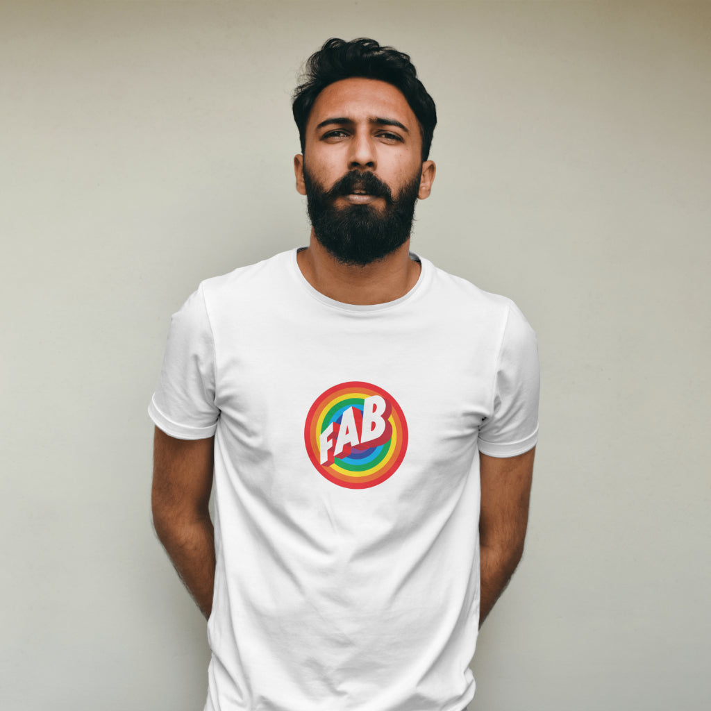 Man wearing a white t-shirt with a orange rainbow circle with 'FAB' text 