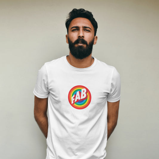 Man wearing a white t-shirt with a orange rainbow circle with 'FAB' text 