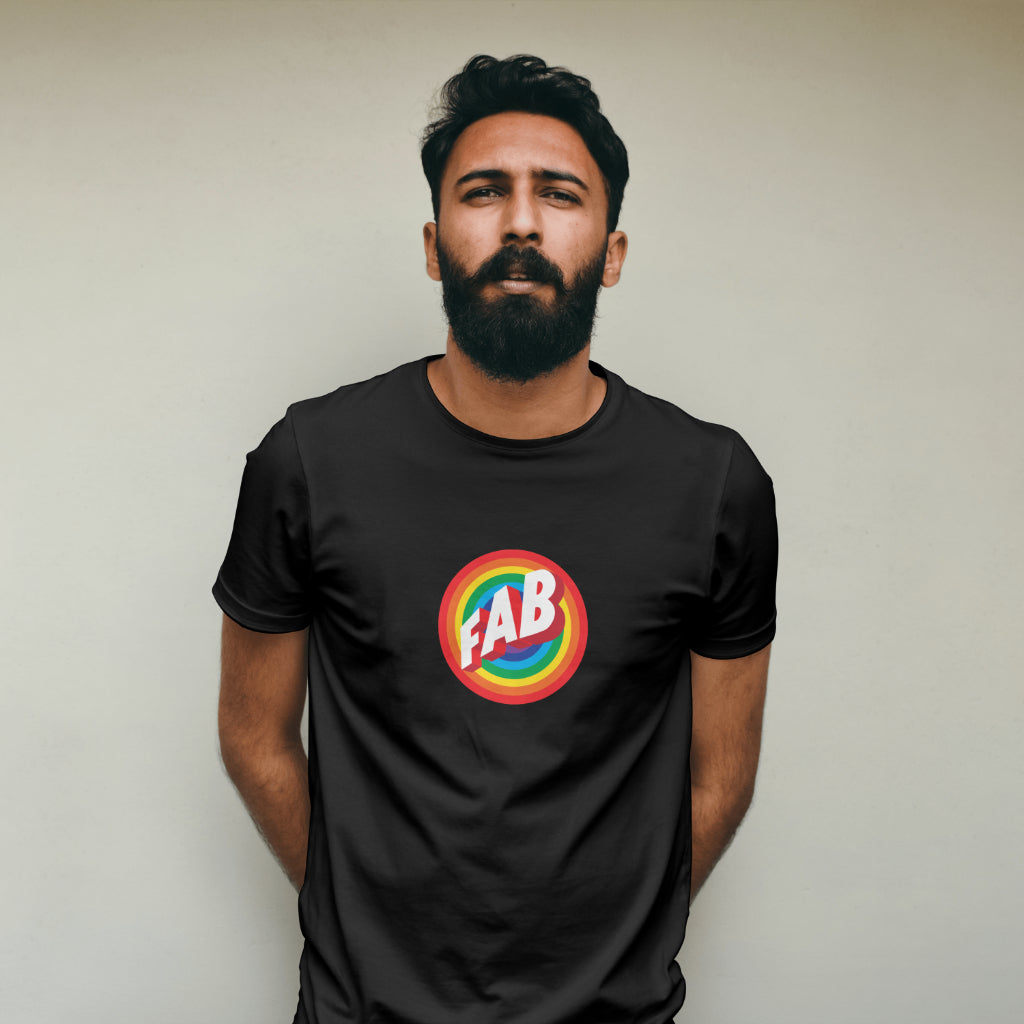 Man wearing a black t-shirt with a orange rainbow circle with 'FAB' text 
