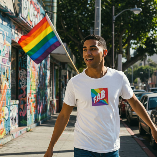 Man walking down a street wearing a white t-shirt with a rainbow 'FAB' logo and rainbow flag in the background