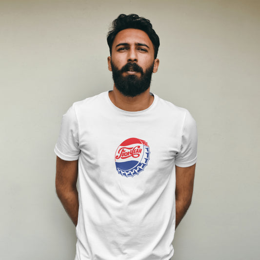 Man wearing a White t-shirt with a F#*k yeah on cola bottle top print 