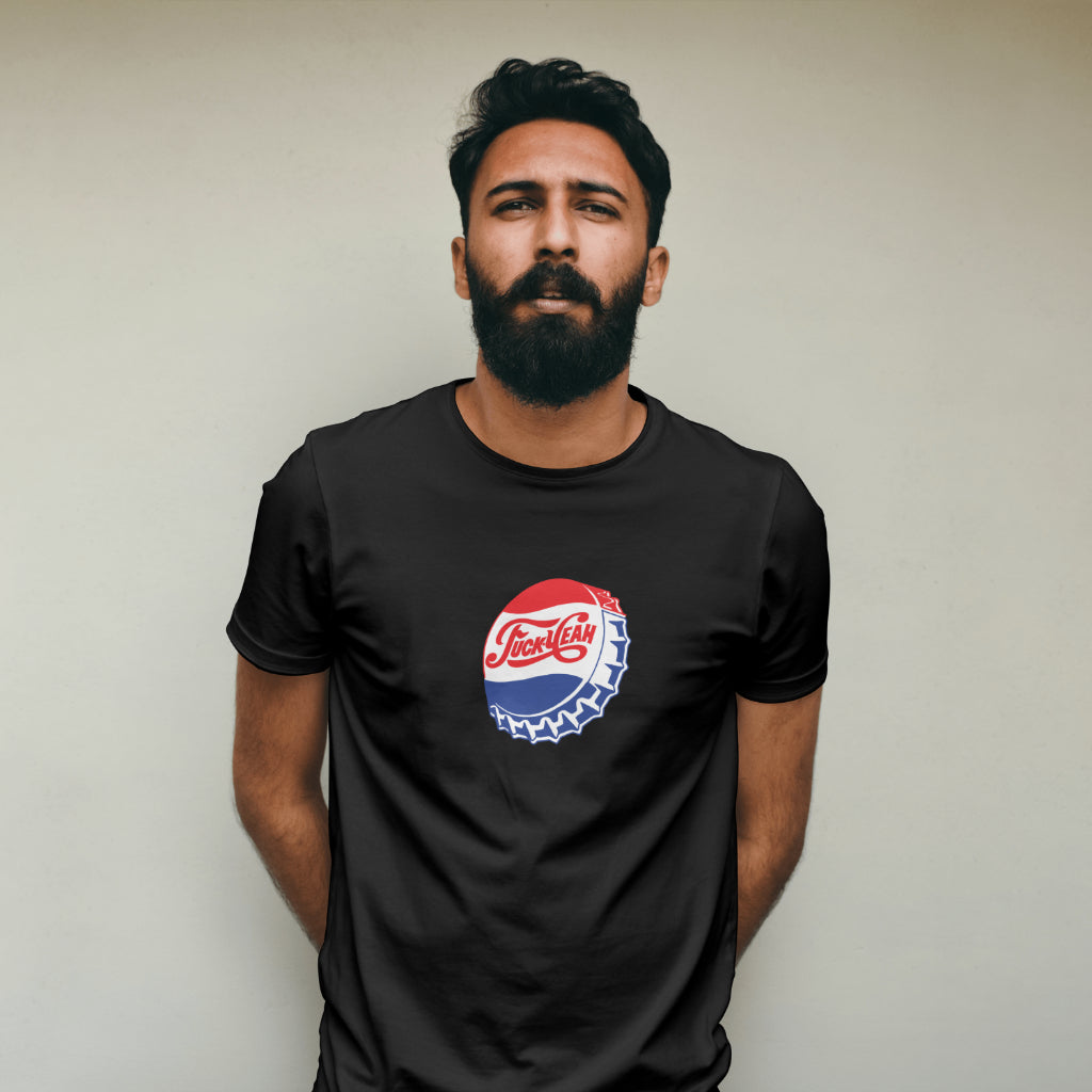 Man wearing a black t-shirt with a F#*k yeah on cola bottle top print 