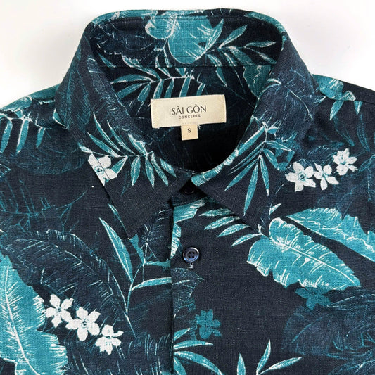 Mystic Garden - Short Sleeve 100% Linen Shirt | Navy Jade Fern Print | Resort Wear