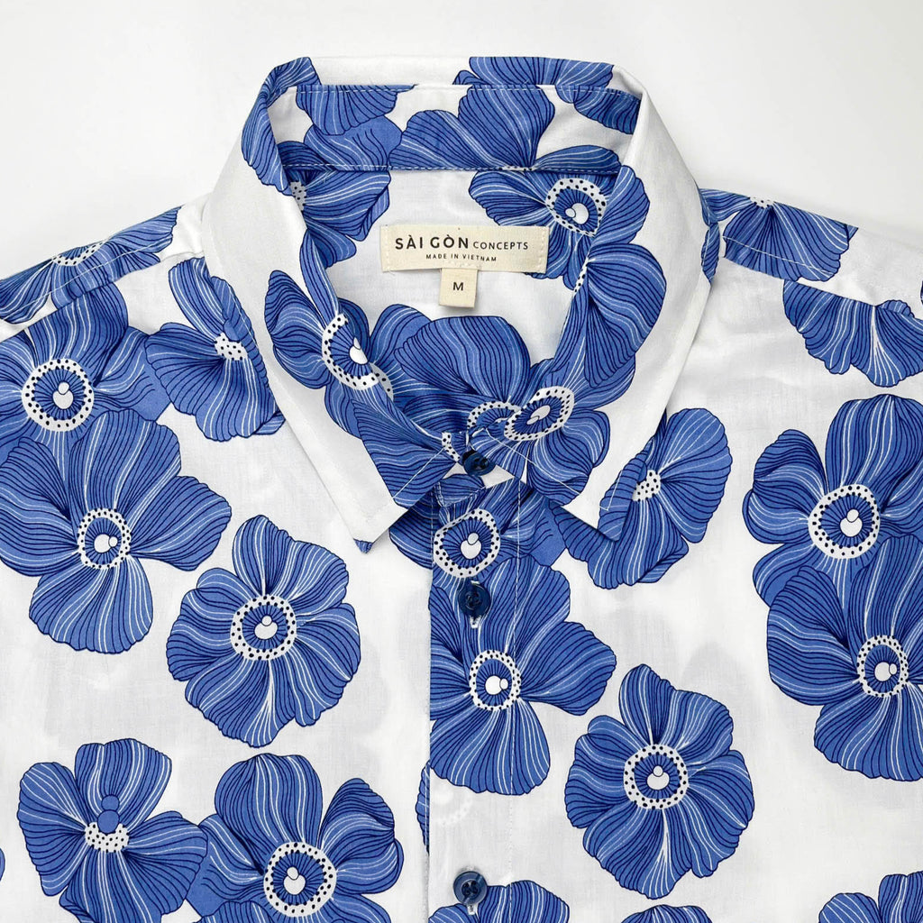 Indigo Poppies - 100% Cotton Short Sleeve Button-Up Shirt