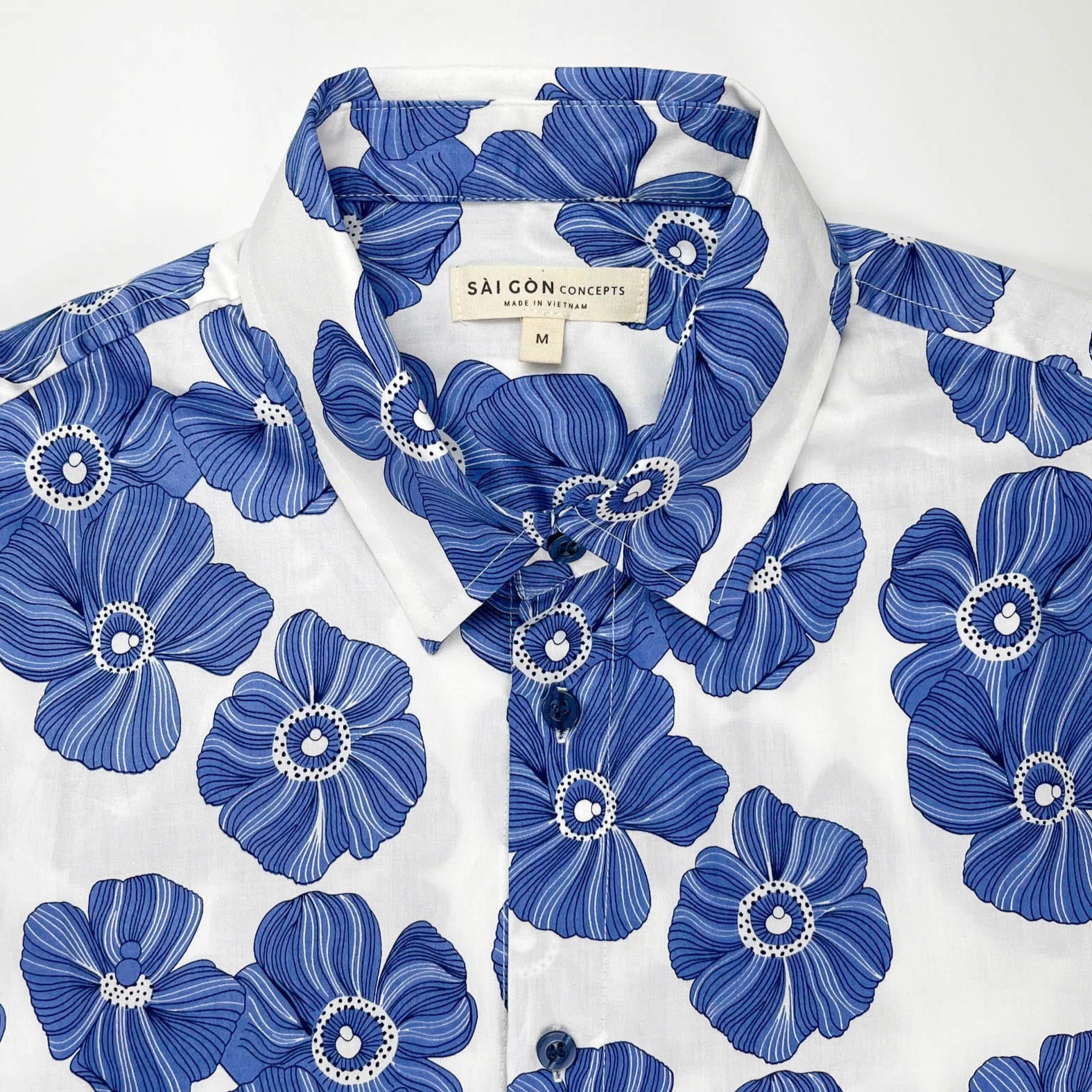 Indigo Poppies - 100% Cotton Short Sleeve Button-Up Shirt