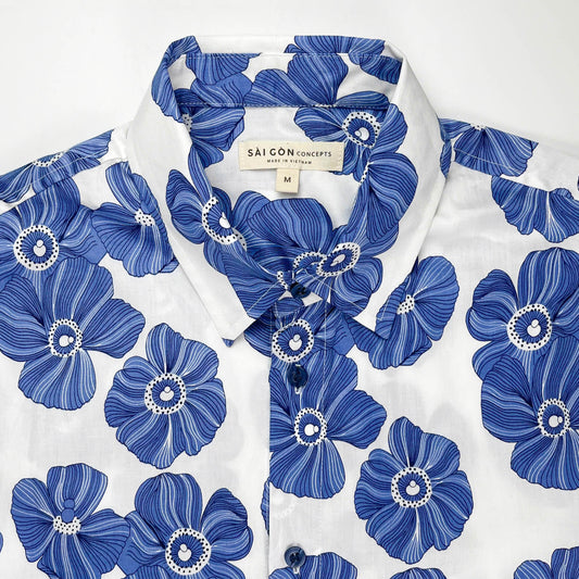 100% Cotton Short Sleeve Shirt - Indigo Poppies