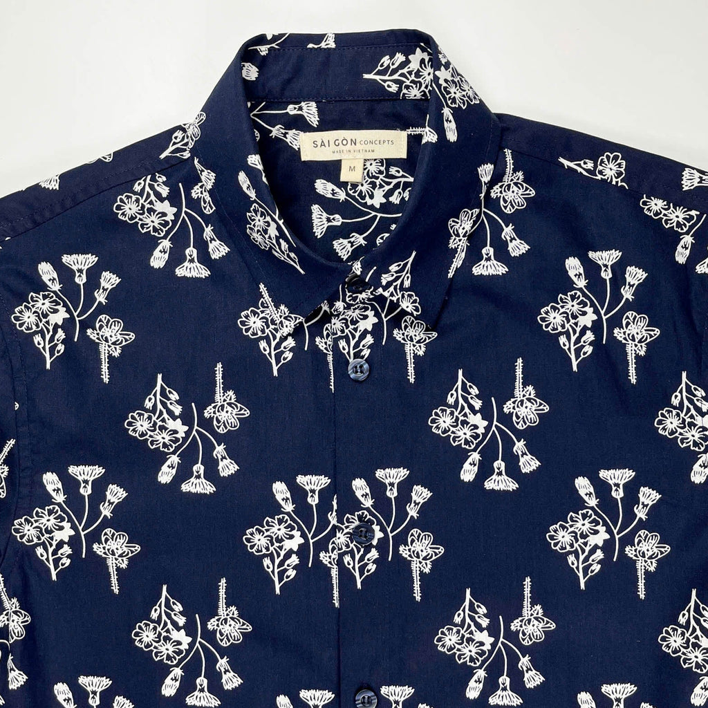 Navy Ditsy - 100% Cotton Short Sleeve Button-Up Shirt