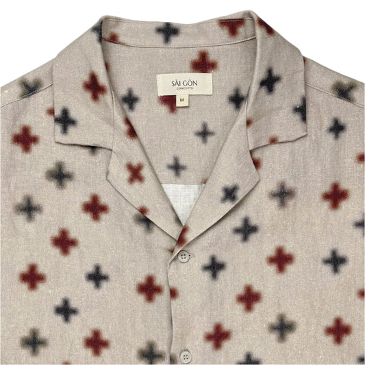 Beige Hawaiian style shirt with black and rust coloured cross pattern print