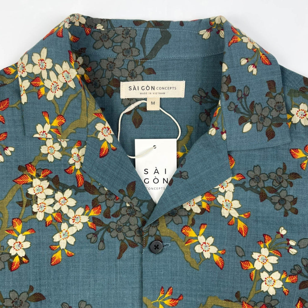 Teal Blue Blossom - Linen-Cotton Hawaiian Shirt
