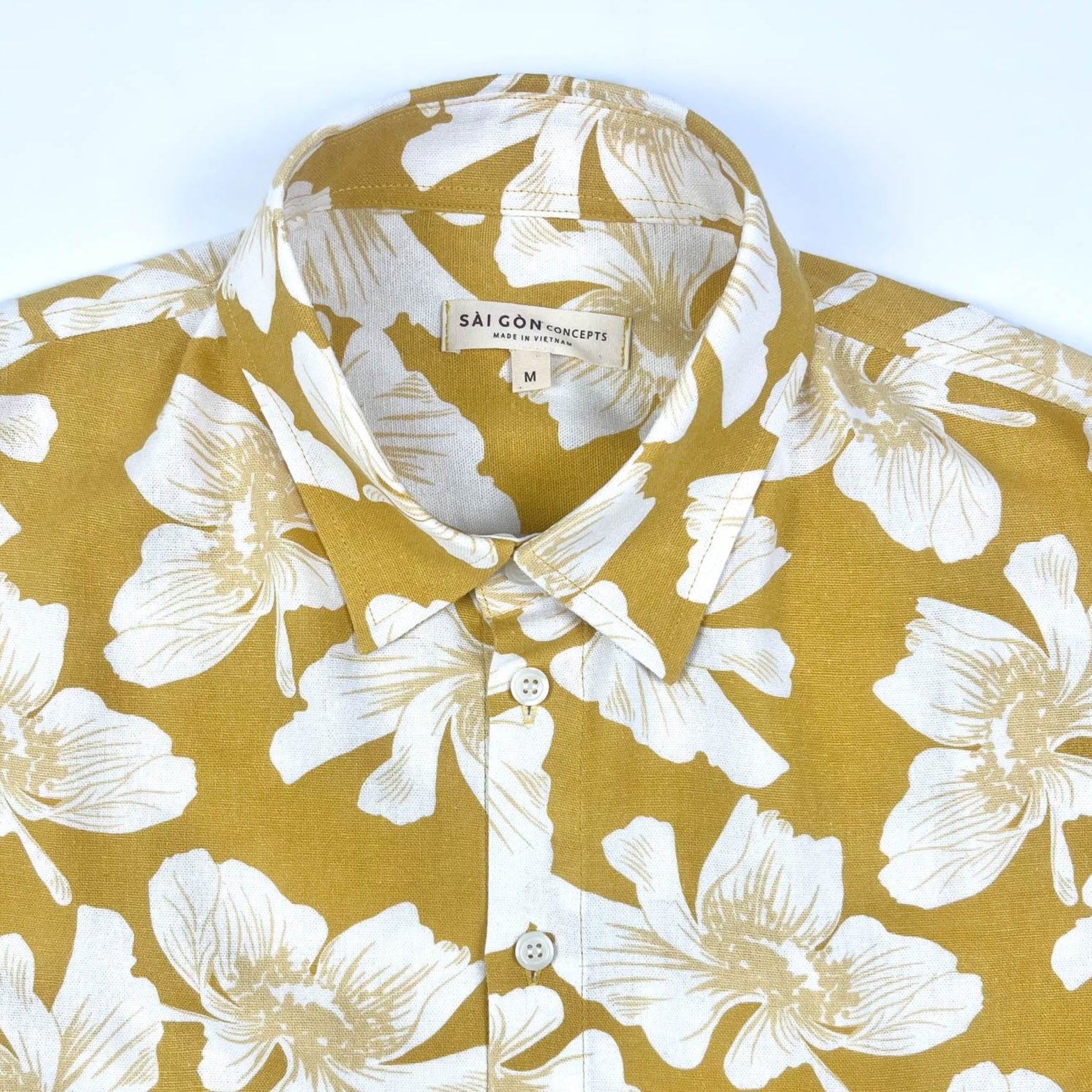 Golden Hibiscus - Linen-Cotton Short Sleeve Button-Up Shirt