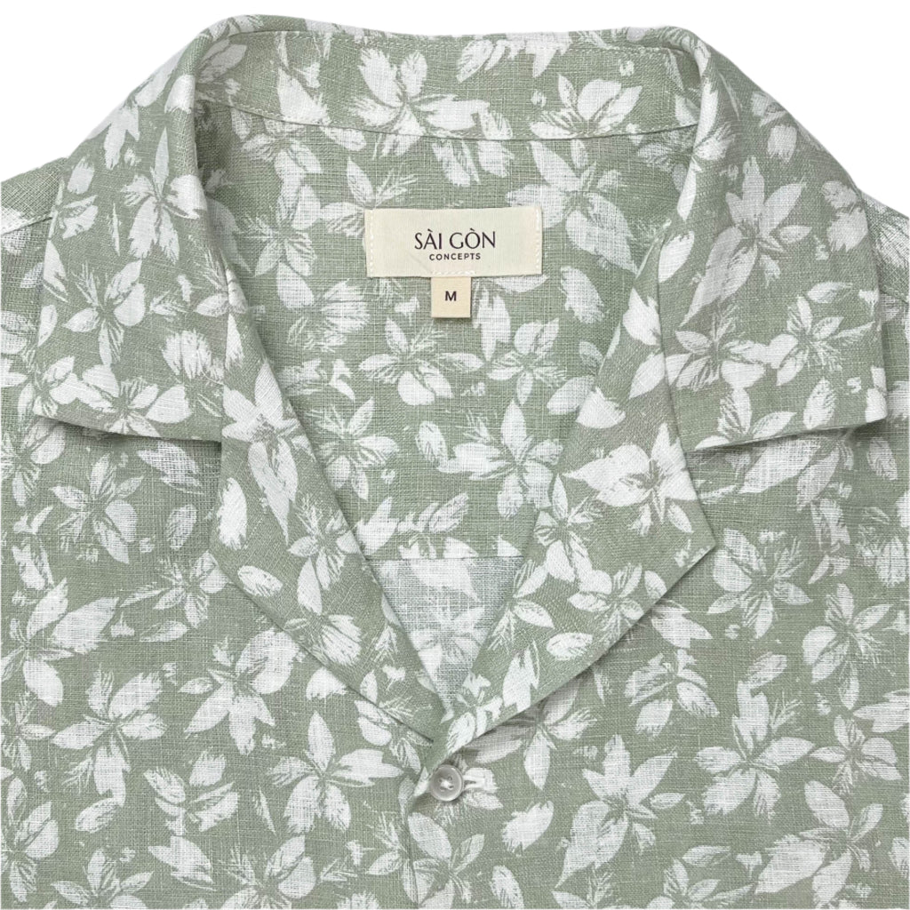Mint Green Linen Hawaiian Shirt with delicate white floral print