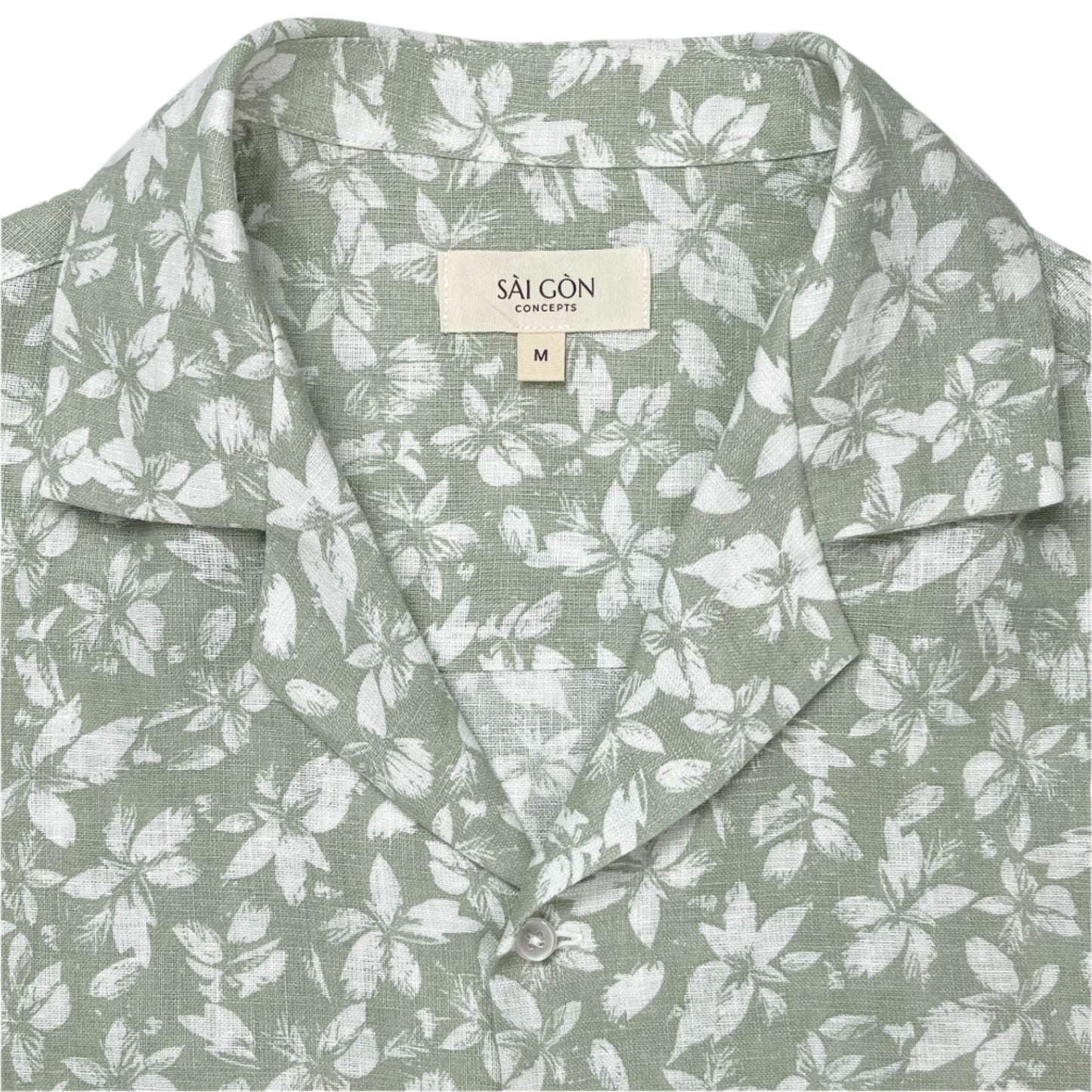 Mint Green Linen Hawaiian Shirt with delicate white floral print