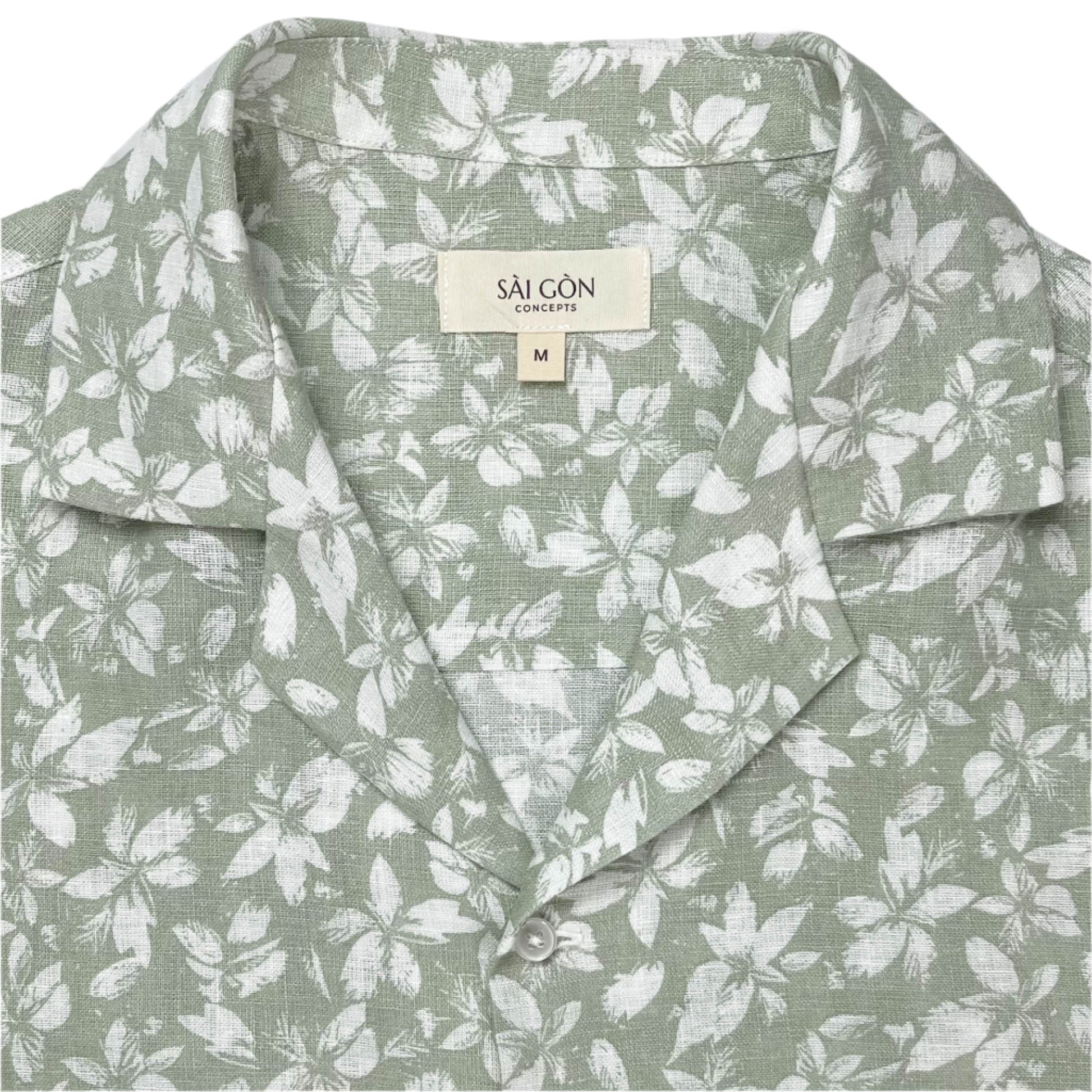 Mint Green Linen Hawaiian Shirt with delicate white floral print