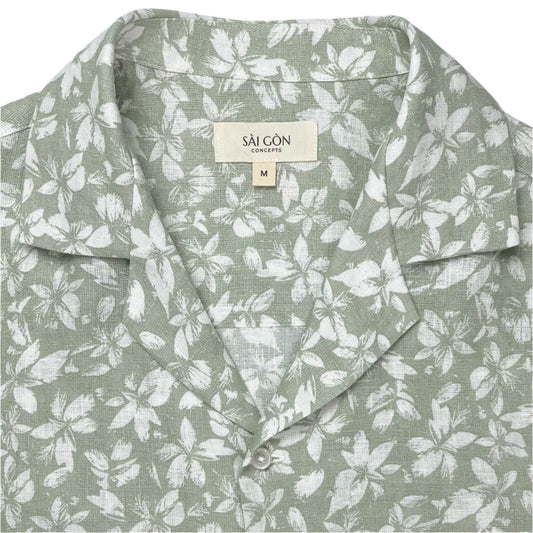 Mint Green Linen Hawaiian Shirt with delicate white floral print