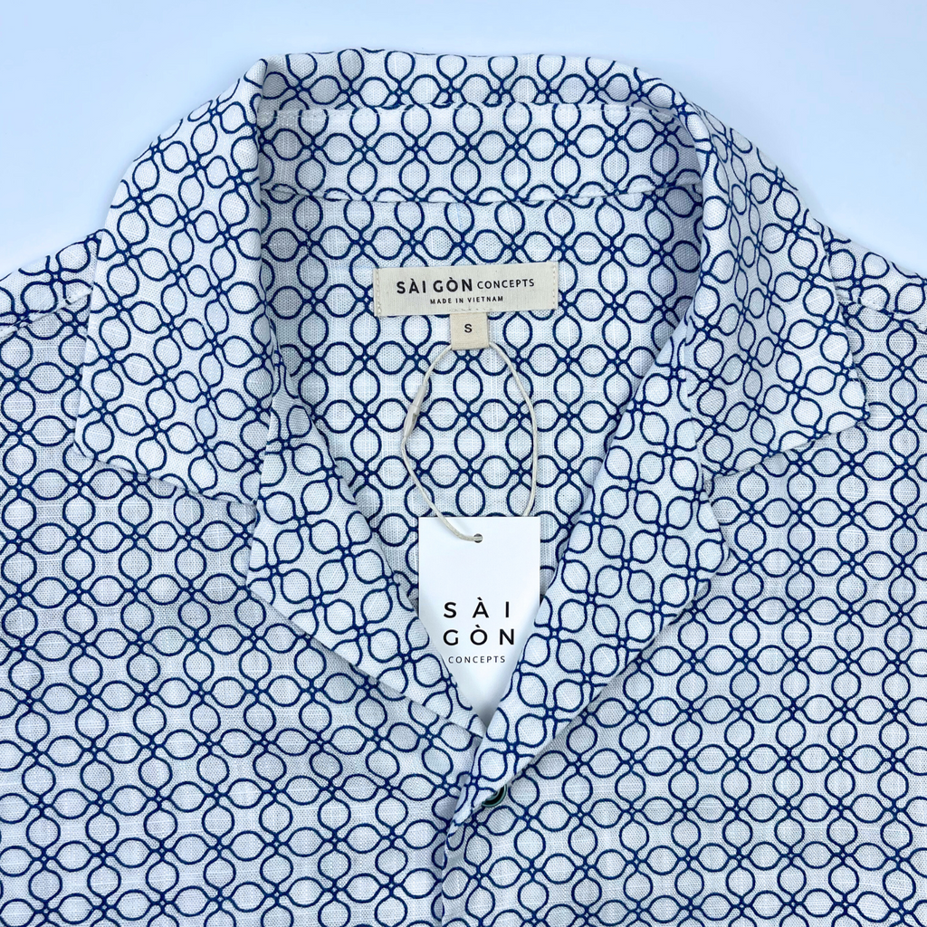 Blue-White Saigon Mosaic - Linen-Cotton Hawaiian Shirt
