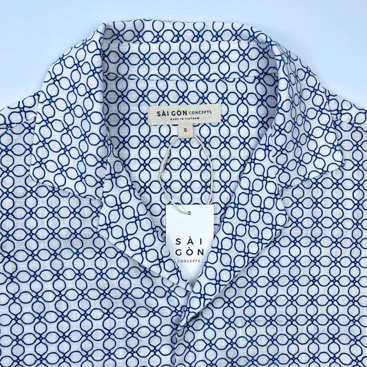 Blue-white Saigon mosaic print Hawaii-style shirt