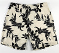 Beige linen-cotton shorts with black lily floral pattern 
