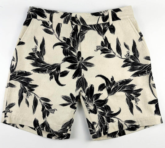Beige linen-cotton shorts with black lily floral pattern 
